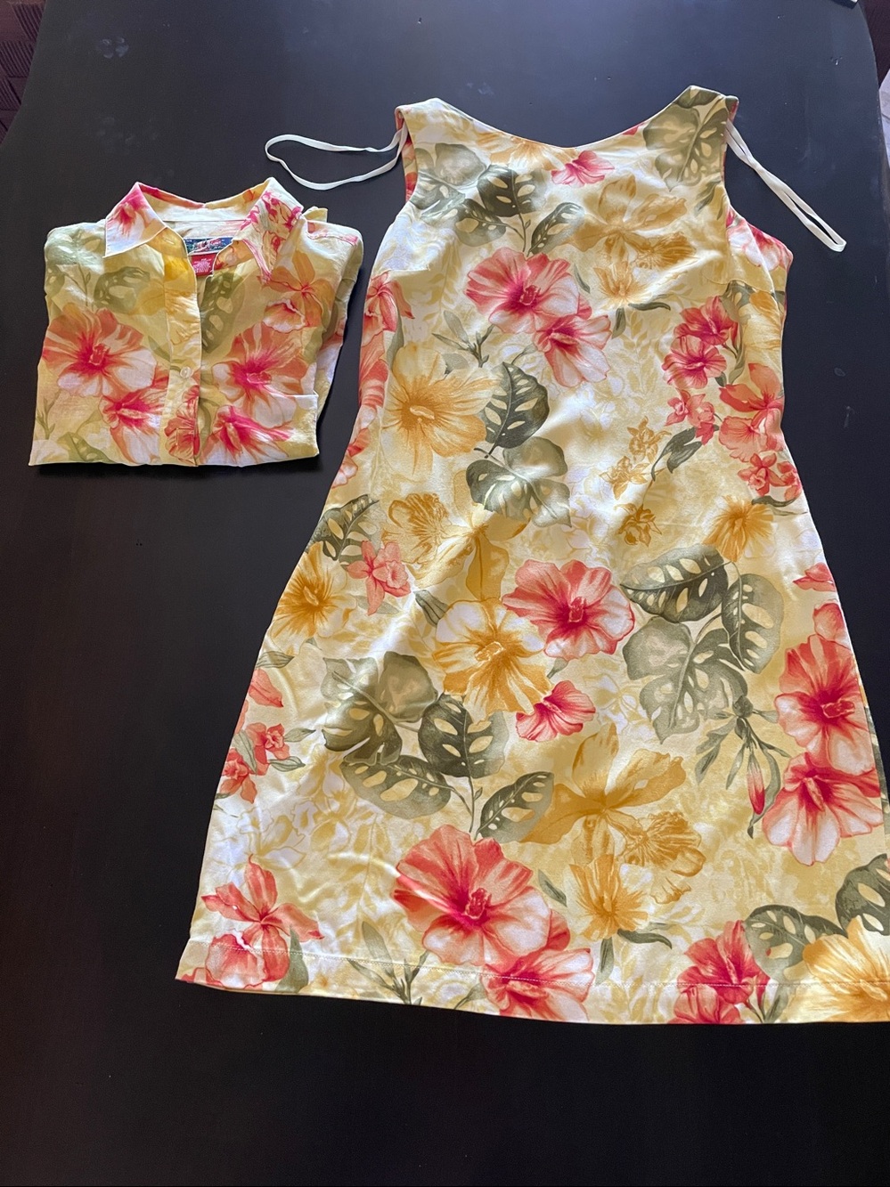 La Cabana Hawaiian Yellow Dress & Matching Shirt Set- Coral Green Floral -Size M